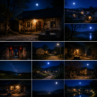 怀旧农村夜景素材合集，涵盖老房子、乡村夜晚风景，适合短视频剪辑和绿幕直播背景。