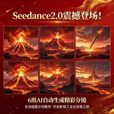 Seedance2.0震撼登场！它带来了6组精彩绝伦的分镜，全部由AI自动生成。画面中，赤焰在火山之巅熊熊燃烧，焚天神剑划破苍穹，每一帧都宛如电影级的特效。从分镜设计到特效渲染，Seedance2.0提供了全流程的提示词教学，让AI成为你探索影视工业化的强大引擎，助你开启全新的创意之旅。
